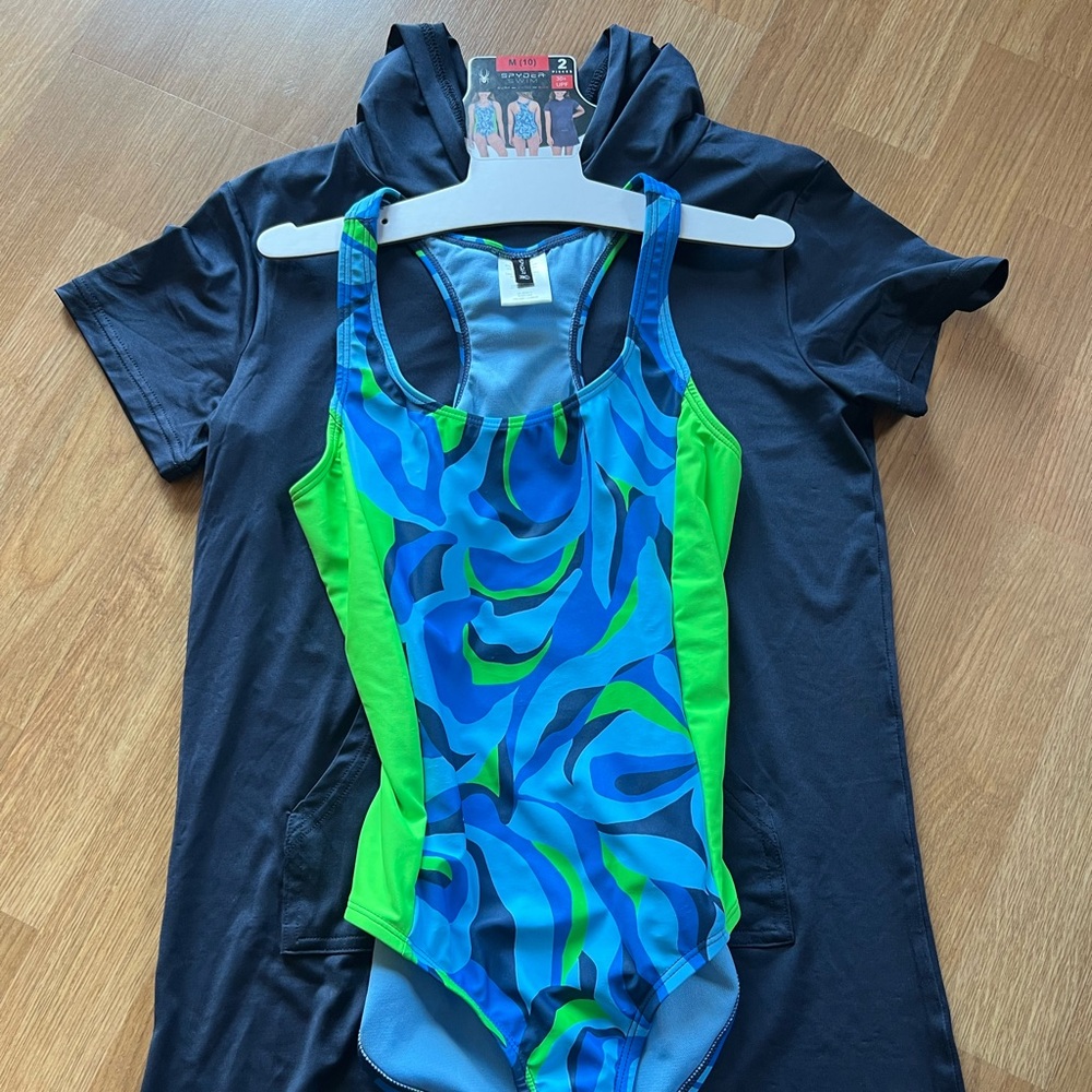 Spyder Swim Set Girl Medium 10 Navy Hooded Cover Up One Piece Swimsuit 30+ UPF